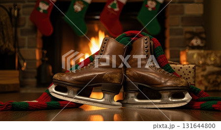 Vintage Leather Ice Skates by a Cozy Fireplace with Christmas Stockings Vintage Leather Ice Skates by a Cozy Fireplace with Christmas Stockings 131644800