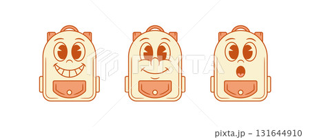 Comic schoolbag back to school cartoon character smile surprise set vector flat illustration Comic schoolbag back to school cartoon character smile surprise set vector flat illustration 131644910