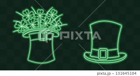 Neon Glow Shamrocks and Leprechaun Hat Traditional St Patrick Day Symbols Icon or Signboard Design 131645104