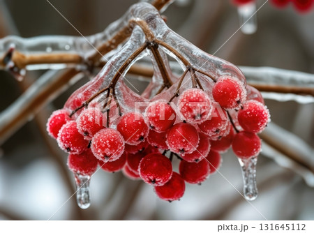 Vibrant Red Winter Berries Encased in Glistening Clear Ice in a Frosted Winter Scene 131645112