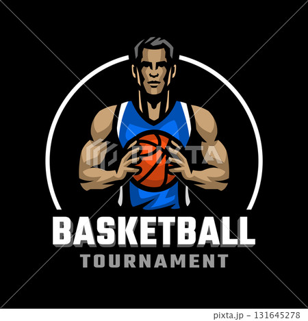 Logo of a basketball player with a ball in his hands on dark background. 131645278