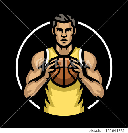 Logo of a basketball player with a ball in his hands on dark background. Logo of a basketball player with a ball in his hands on dark background. 131645281