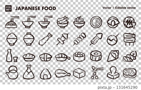 手繪日本食物圖示插圖集。 EPS 版本可編輯以變更線條粗細等。 131645290