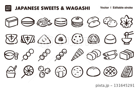 日本のスイーツと和菓子の手描きアイコンイラストセット　EPS版は線の太さ等編集可能 131645291