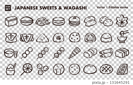 日本のスイーツと和菓子の手描きアイコンイラストセット　EPS版は線の太さ等編集可能 131645291
