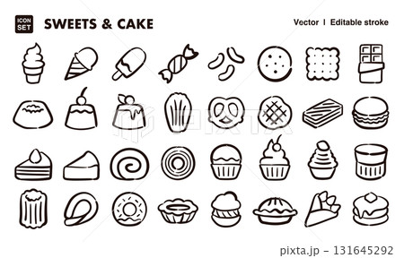 スイーツとケーキの手描きアイコンイラストセット　EPS版は線の太さ等編集可能 131645292