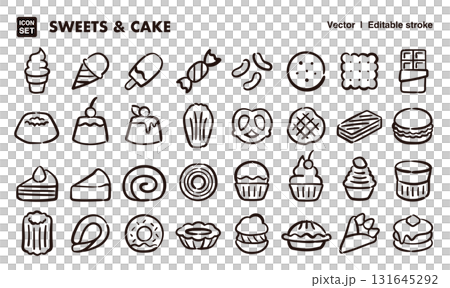 スイーツとケーキの手描きアイコンイラストセット　EPS版は線の太さ等編集可能 131645292