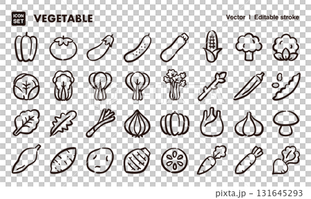 手繪蔬菜圖示插圖集。 EPS 版本可編輯以變更線條粗細等。 131645293
