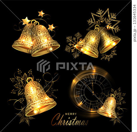 Merry Christmas. Gold textured bells, isolated set 131645334