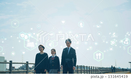 青空の下を歩く親子と環境テクノロジー 青空の下を歩く親子と環境テクノロジー 131645419