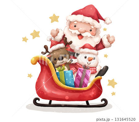 Watercolor cartoon illustration of santa claus and his sleigh is full of colorful Christmas gifts . Reindeer and snowman beside him . Hand drawn digital painting . Isolate white background . Watercolor cartoon illustration of santa claus and his sleigh is full of colorful Christmas gifts . Reindeer and snowman beside him . Hand drawn digital painting . Isolate white background . 131645520