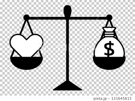 天秤にかけられた「心」（ハート）と「お金」の比較 131645615