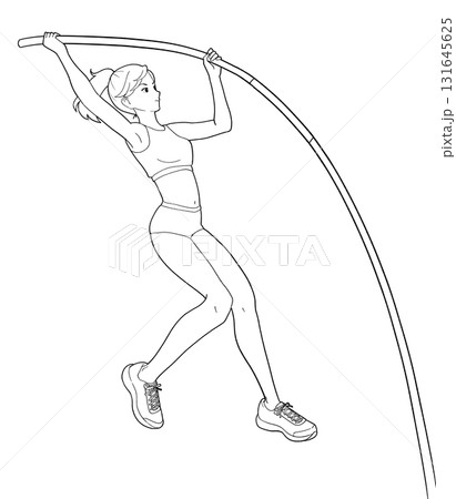 棒高跳びをする女子の白黒イラスト 131645625