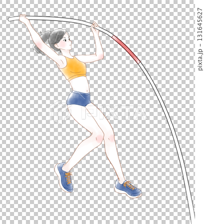 Watercolor illustration of a girl pole vaulting Watercolor illustration of a girl pole vaulting 131645627