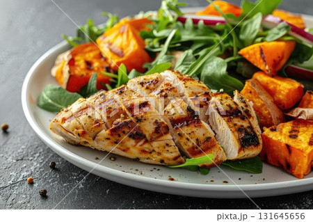 Grilled chicken breast served with roasted sweet potatoes and a fresh arugula salad. Perfect for healthy eating, diet menus, fitness blogs, or Thanksgiving meal ideas. Grilled chicken breast served with roasted sweet potatoes and a fresh arugula salad. Perfect for healthy eating, diet menus, fitness blogs, or Thanksgiving meal ideas. 131645656