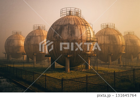 Rusted spherical gas tanks rise in misty industrial landscape with surreal tones Rusted spherical gas tanks rise in misty industrial landscape with surreal tones 131645764