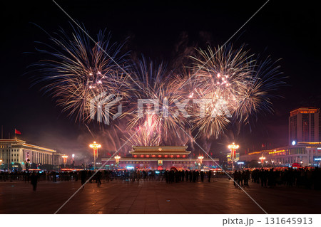 Fireworks in the night sky over China Square. Asia, China. National holidays. 131645913