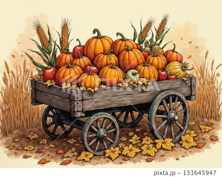 Autumn harvest wagon full of pumpkins, apples, and corn 131645947