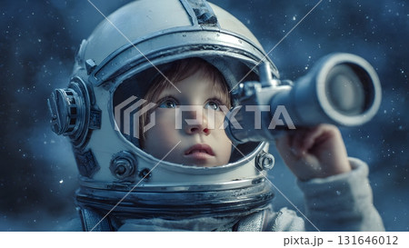 A young dreamer wears a vintage astronaut helmet, gazing up at the snowy, starlit sky. Hand holds a telescope toy, symbolizing exploration, future, and the boundless wonder of childhood. eArayabandit 131646012