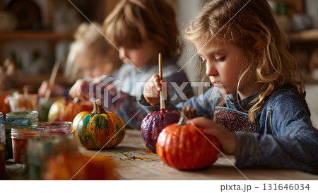Children happily paint colorful designs onto bright orange pumpkins using brushes. This captures childhood creativity, autumn fun, seasonal craft, and holiday decoration. Arayabandit 131646034