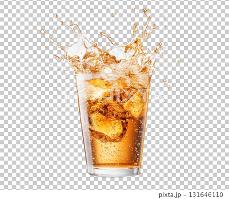 Closeup view of a carbonated beverage splashing and spilling out of a transparent glass filled with ice cubes creating an energizing and refreshing atmosphere 131646110