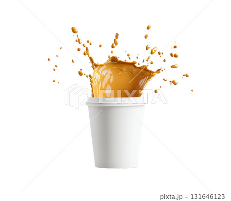 Splashing amber colored coffee or tea drink with creamy froth and bubbles spilling out of a white ceramic cup on an isolated white background 131646123