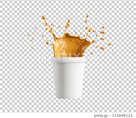 Splashing amber colored coffee or tea drink with creamy froth and bubbles spilling out of a white ceramic cup on an isolated white background 131646123