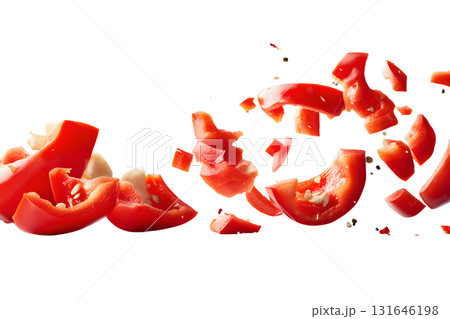 Close up image of fresh vibrant red bell peppers that have been sliced and chopped scattered and arranged on a plain white background 131646198