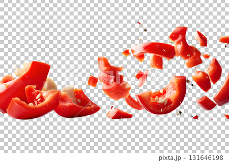Close up image of fresh vibrant red bell peppers that have been sliced and chopped scattered and arranged on a plain white background 131646198
