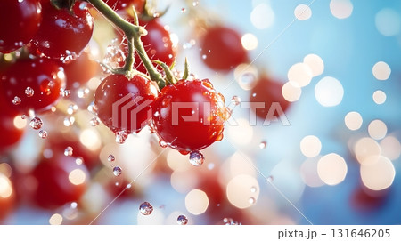 Close up view of a cluster of ripe juicy red cherries with sparkling water droplets on their surface highlighting their vibrant color and natural freshness 131646205