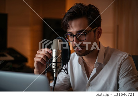 Focused man adjusts podcast microphone in sleek studio illuminated by warm ambient light 131646721