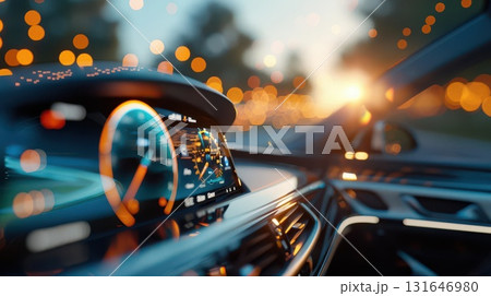 Close up view of a modern car dashboard with a speedometer and digital display 131646980