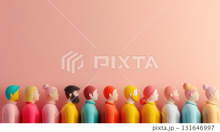 A line of colorful figurines standing in profile on a pink background. 131646997