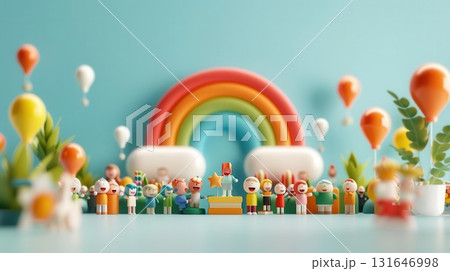 Cheerful cartoon people celebrating under a rainbow with balloons and plants. 131646998