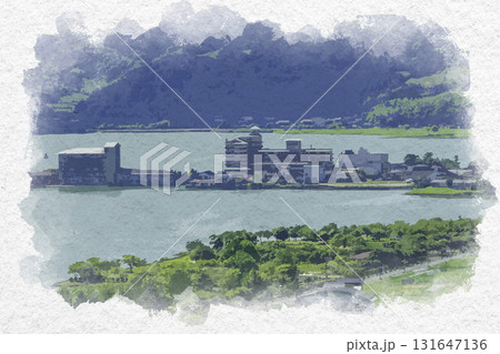 水彩画風 ハワイ風土記館からの眺め 羽合温泉全景 鳥取県湯梨浜町 水彩画風 ハワイ風土記館からの眺め 羽合温泉全景 鳥取県湯梨浜町 131647136