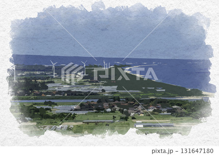 水彩画風　ハワイ風土記館からの眺め　北栄町の日本海　鳥取県湯梨浜町 131647180