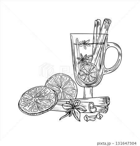 Hot Christmas mulled wine in glass cup with orange slices, cinnamon sticks, star anise and clove spices vector isolated illustration. Hand drawn monochrome winter drink painted by black inks. Hot Christmas mulled wine in glass cup with orange slices, cinnamon sticks, star anise and clove spices vector isolated illustration. Hand drawn monochrome winter drink painted by black inks. 131647304
