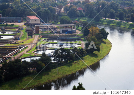 Aerial view of storage tanks, sewage water treatment plant, water shortage and global warming concept 131647340