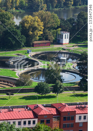 Aerial view of storage tanks, sewage water treatment plant, water shortage and global warming concept 131647346