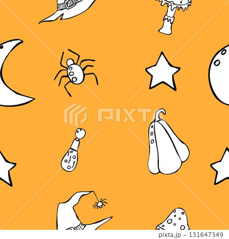 Seamless Halloween pattern with pumpkin, web, hat and stars. Seamless Halloween pattern with pumpkin, web, hat and stars. 131647349