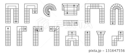 Set of stairs icons with direction arrows for floor plan. Staircase symbols for interior design project. Stairway elements for architecture blueprint isolated on white background. Vector illustration Set of stairs icons with direction arrows for floor plan. Staircase symbols for interior design project. Stairway elements for architecture blueprint isolated on white background. Vector illustration 131647556