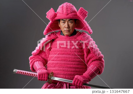Samurai clad in pink plush armor stands resolutely in serene garden 131647667