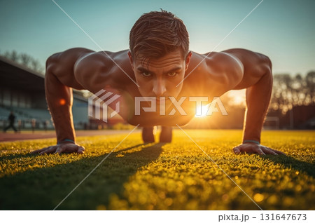 Determined athlete caught mid-push-up at sunrise on track field Determined athlete caught mid-push-up at sunrise on track field 131647673