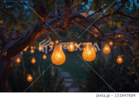 Golden pears glow warmly like lanterns in dreamy twilight mystical garden Golden pears glow warmly like lanterns in dreamy twilight mystical garden 131647684