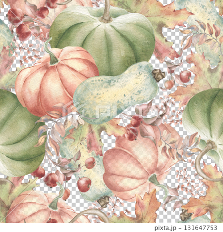 Whimsical Autumn Harvest Pattern isolated. Levitated pumpkins, crab apples and autumn leaves warm vintage tones watercolor seamless pattern hand painted. Fall botanical repeat for home textiles. Whimsical Autumn Harvest Pattern isolated. Levitated pumpkins, crab apples and autumn leaves warm vintage tones watercolor seamless pattern hand painted. Fall botanical repeat for home textiles. 131647753