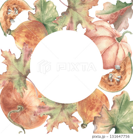 Autumn pumpkins and foliage circle frame neutral colors isolated. Vintage style watercolor border with vegetables and fall leaves in soft orange green palette. Hand painted botanical wreath for print. 131647756