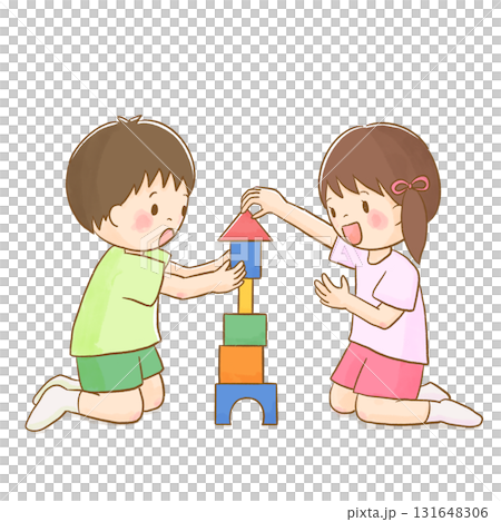 孩子們玩積木的水彩插圖(無背景)/可愛的育兒和教育材料 孩子們玩積木的水彩插圖(無背景)/可愛的育兒和教育材料 131648306