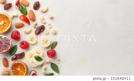 Assortment of fruits, nuts, and dried fruit on a white background. 131648411