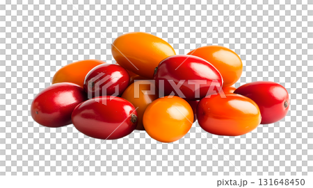 a cluster of oblong fruit, varying in shade from vibrant orange to deep reddish hues, sits on a stark white surface 131648450