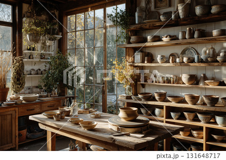 Pottery Studio with Earthenware Bowls and Clay Supplies in Sunny Window Light. Pottery Studio with Earthenware Bowls and Clay Supplies in Sunny Window Light. 131648717